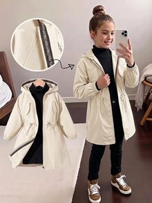SHEIN 青少年女孩連帽字母裝飾運動夾克，秋季返校上衣套裝，冬季長袖套頭夾克，黑色洋裝 - 米色 - 查看 1