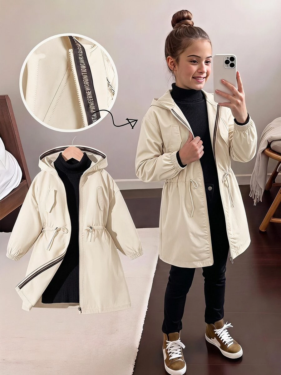 SHEIN 青少年女孩連帽字母裝飾運動夾克,秋季返校上衣套裝,冬季長袖套頭夾克,黑色洋裝 - 米色 - 查看 1