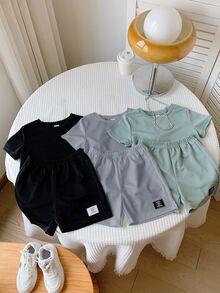 SHEIN 6pcs/Set Baby Boy/Girl Solid Color Letter Print Short Sleeve T-Shirt & Elastic Waist Shorts Basic Outfit, Spring/Summer - Blue - View 5