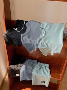 SHEIN 6pcs/Set Baby Boy/Girl Solid Color Letter Print Short Sleeve T-Shirt & Elastic Waist Shorts Basic Outfit, Spring/Summer - Blue - View 3