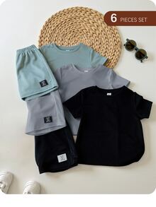 SHEIN 6pcs/Set Baby Boy/Girl Solid Color Letter Print Short Sleeve T-Shirt & Elastic Waist Shorts Basic Outfit, Spring/Summer - Blue - View 1