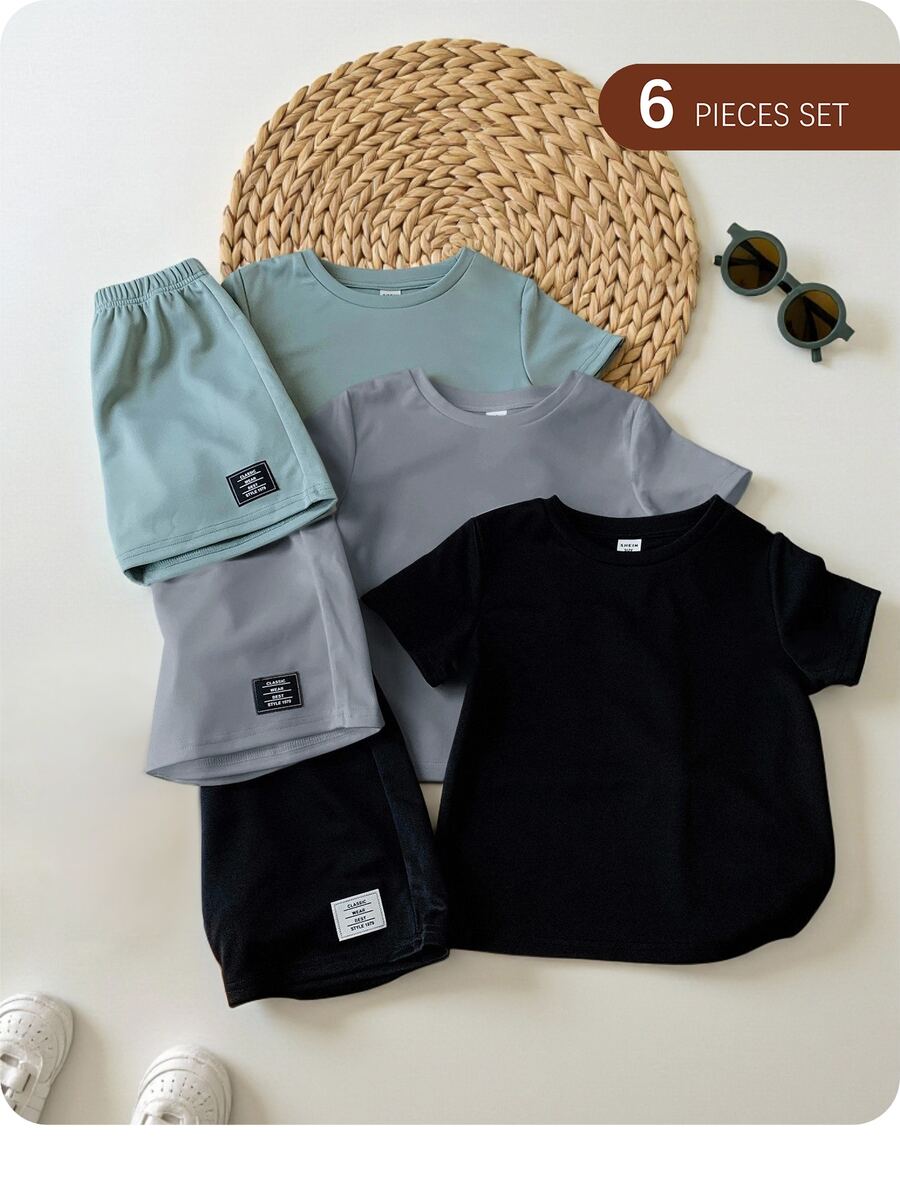 SHEIN 6pcs/Set Baby Boy/Girl Solid Color Letter Print Short Sleeve T-Shirt & Elastic Waist Shorts Basic Outfit, Spring/Summer - Blue - View 1