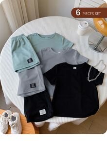 SHEIN 6pcs/Set Baby Boy/Girl Solid Color Letter Print Short Sleeve T-Shirt & Elastic Waist Shorts Basic Outfit, Spring/Summer - Blue - View 7