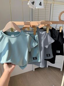 SHEIN 6pcs/Set Baby Boy/Girl Solid Color Letter Print Short Sleeve T-Shirt & Elastic Waist Shorts Basic Outfit, Spring/Summer - Blue - View 4