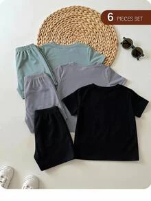 SHEIN 6pcs/Set Baby Boy/Girl Solid Color Letter Print Short Sleeve T-Shirt & Elastic Waist Shorts Basic Outfit, Spring/Summer - Blue - View 2