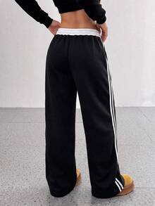 StreetHx Women's Fashion Casual Colorblock Waistband Side Stripe Solid Color Sports Long Pants - Black - View 2