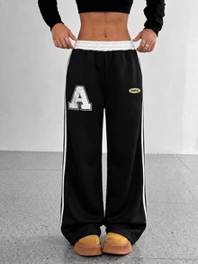 StreetHx Women's Fashion Casual Colorblock Waistband Side Stripe Solid Color Sports Long Pants - Black - View 3