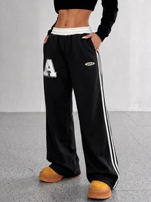 StreetHx Women's Fashion Casual Colorblock Waistband Side Stripe Solid Color Sports Long Pants - Black - View 4