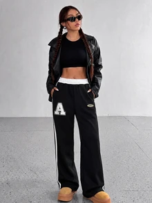 StreetHx Women's Fashion Casual Colorblock Waistband Side Stripe Solid Color Sports Long Pants - Black - View 5