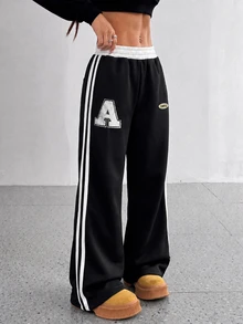 StreetHx Women's Fashion Casual Colorblock Waistband Side Stripe Solid Color Sports Long Pants - Black - View 1