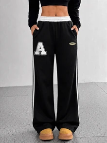 StreetHx Women's Fashion Casual Colorblock Waistband Side Stripe Solid Color Sports Long Pants - Black - View 6