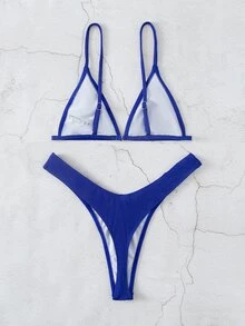 Swim Vcay Summer Beach Rib Triangle High Cut Bikini - Royal Blue - View 8