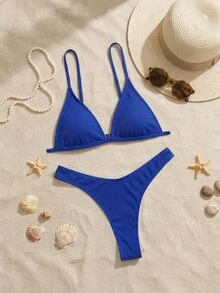 Swim Vcay Summer Beach Rib Triangle High Cut Bikini - Royal Blue - View 5