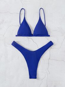 Swim Vcay Summer Beach Rib Triangle High Cut Bikini - Royal Blue - View 7