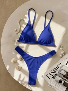 Swim Vcay Summer Beach Rib Triangle High Cut Bikini - Royal Blue - View 13