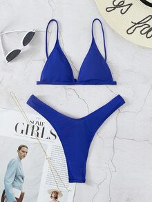Swim Vcay Summer Beach Rib Triangle High Cut Bikini - Royal Blue - View 9