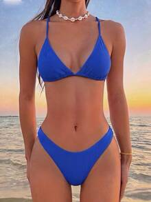 Swim Vcay Summer Beach Rib Triangle High Cut Bikini - Royal Blue - View 12