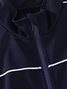 SHEIN 2件組男童運動時尚休閒立領開襟針織夾克，純色小印花圖案，搭配寬腿針織長褲，滾邊設計，適合運動休閒穿搭與多季節穿著 - 藏蓝色 - 查看 5