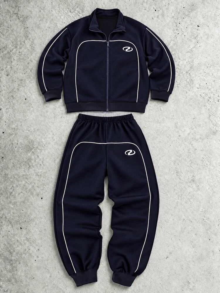 SHEIN 2pcs Boys' Sports Fashion Casual Stand Collar Open Front Solid Color Small Print Pattern Knit Jacket With Wide Leg Knit Pants, Piping Design, Suitable For Sports Casual Outfit And Multi-Season Wear - Navy Blue - View 4