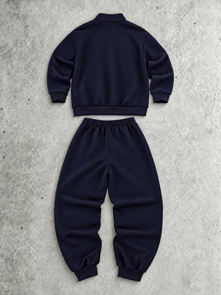 SHEIN 2pcs Boys' Sports Fashion Casual Stand Collar Open Front Solid Color Small Print Pattern Knit Jacket With Wide Leg Knit Pants, Piping Design, Suitable For Sports Casual Outfit And Multi-Season Wear - Navy Blue - View 2