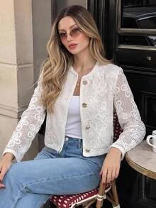 Serisse Women's Jacquard 3D Metal Buckle Design Jacquard Elegant Fashion Long Sleeve Jacket - Apricot - View 10