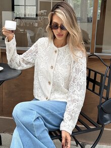 Serisse Women's Jacquard 3D Metal Buckle Design Jacquard Elegant Fashion Long Sleeve Jacket - Apricot - View 5