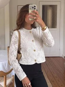 Serisse Women's Jacquard 3D Metal Buckle Design Jacquard Elegant Fashion Long Sleeve Jacket - Apricot - View 8