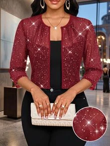 SHEIN Lady Women's Solid Color Sequin 3/4 Sleeve Open Front Fashion Jacket Party Cocktail Dark Red Autumn Elegant Sexy - Burgundy - View 1