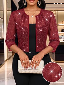 SHEIN Lady Women's Solid Color Sequin 3/4 Sleeve Open Front Fashion Jacket Party Cocktail Dark Red Autumn Elegant Sexy - Burgundy - View 6
