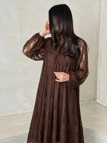 Yasveil 女款棕色針織蕾絲長袖收腰A字優雅端莊浪漫阿拉伯風洋裝，適合夏季日常外出 - 棕色 - 查看 7