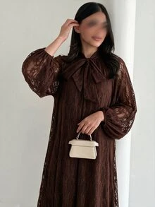 Yasveil 女款棕色針織蕾絲長袖收腰A字優雅端莊浪漫阿拉伯風洋裝，適合夏季日常外出 - 棕色 - 查看 5