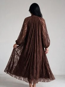 Yasveil 女款棕色針織蕾絲長袖收腰A字優雅端莊浪漫阿拉伯風洋裝，適合夏季日常外出 - 棕色 - 查看 3