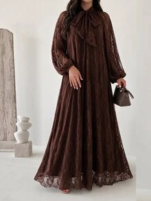 Yasveil 女款棕色針織蕾絲長袖收腰A字優雅端莊浪漫阿拉伯風洋裝，適合夏季日常外出 - 棕色 - 查看 6