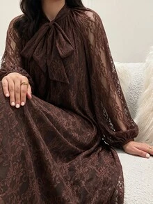 Yasveil 女款棕色針織蕾絲長袖收腰A字優雅端莊浪漫阿拉伯風洋裝，適合夏季日常外出 - 棕色 - 查看 9