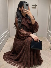 Yasveil 女款棕色針織蕾絲長袖收腰A字優雅端莊浪漫阿拉伯風洋裝，適合夏季日常外出 - 棕色 - 查看 12