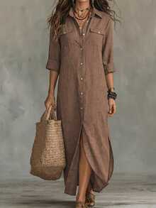EMERY ROSE Plus Size Casual Front Button Long Shirt Dress Maxi Women Outfit Fall Cloth For Women - Brown - View 4