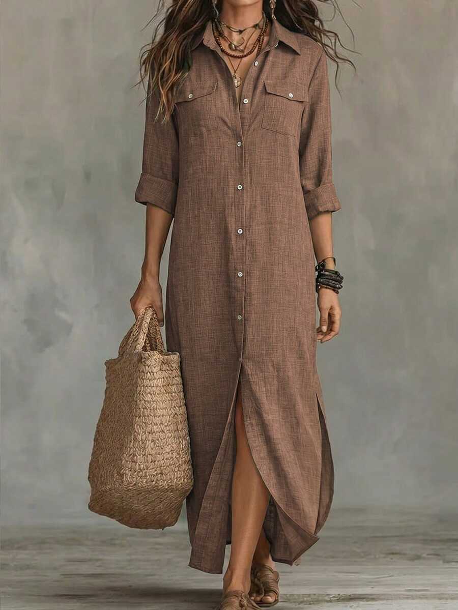 EMERY ROSE Plus Size Casual Front Button Long Shirt Dress Maxi Women Outfit Fall Cloth For Women - Brown - View 1