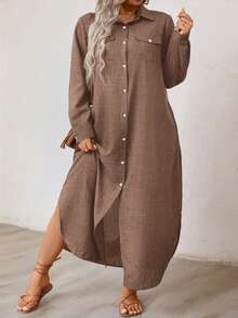 EMERY ROSE Plus Size Casual Front Button Long Shirt Dress Maxi Women Outfit Fall Cloth For Women - Brown - View 5