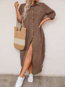 EMERY ROSE Plus Size Casual Front Button Long Shirt Dress Maxi Women Outfit Fall Cloth For Women - Brown - View 3