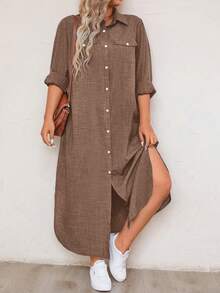 EMERY ROSE Plus Size Casual Front Button Long Shirt Dress Maxi Women Outfit Fall Cloth For Women - Brown - View 6