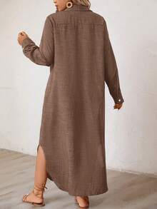 EMERY ROSE Plus Size Casual Front Button Long Shirt Dress Maxi Women Outfit Fall Cloth For Women - Brown - View 2