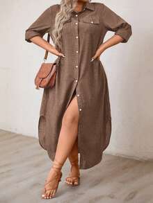EMERY ROSE Plus Size Casual Front Button Long Shirt Dress Maxi Women Outfit Fall Cloth For Women - Brown - View 7