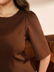 SHEIN LUNE Coffee Brown Polka Dot 2 In 1 Set Top (Waist-Cinching Blouse) With Simple Round Neck, Long Sleeves With Subtle Puff Shoulder Design, Softly Shaping Shoulder Line, Optimizing Shoulder-Neck Proportion, Clean And Slimming. Half-Length Skirt Part In Matching Dark Coffee Base + Beige Polka Dot Print, Classic Vintage Polka Dot Element Plus Size Two Pieces Set - Coffee Brown - View 6