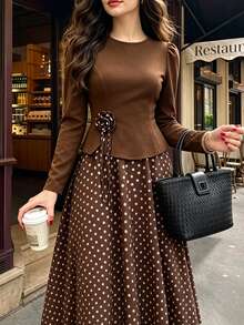 SHEIN LUNE Coffee Brown Polka Dot 2 In 1 Set Top (Waist-Cinching Blouse) With Simple Round Neck, Long Sleeves With Subtle Puff Shoulder Design, Softly Shaping Shoulder Line, Optimizing Shoulder-Neck Proportion, Clean And Slimming. Half-Length Skirt Part In Matching Dark Coffee Base + Beige Polka Dot Print, Classic Vintage Polka Dot Element Plus Size Two Pieces Set - Coffee Brown - View 8