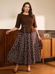 SHEIN LUNE Coffee Brown Polka Dot 2 In 1 Set Top (Waist-Cinching Blouse) With Simple Round Neck, Long Sleeves With Subtle Puff Shoulder Design, Softly Shaping Shoulder Line, Optimizing Shoulder-Neck Proportion, Clean And Slimming. Half-Length Skirt Part In Matching Dark Coffee Base + Beige Polka Dot Print, Classic Vintage Polka Dot Element Plus Size Two Pieces Set - Coffee Brown - View 5