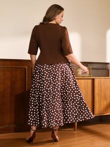 SHEIN LUNE Coffee Brown Polka Dot 2 In 1 Set Top (Waist-Cinching Blouse) With Simple Round Neck, Long Sleeves With Subtle Puff Shoulder Design, Softly Shaping Shoulder Line, Optimizing Shoulder-Neck Proportion, Clean And Slimming. Half-Length Skirt Part In Matching Dark Coffee Base + Beige Polka Dot Print, Classic Vintage Polka Dot Element Plus Size Two Pieces Set - Coffee Brown - View 2