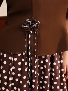 SHEIN LUNE Coffee Brown Polka Dot 2 In 1 Set Top (Waist-Cinching Blouse) With Simple Round Neck, Long Sleeves With Subtle Puff Shoulder Design, Softly Shaping Shoulder Line, Optimizing Shoulder-Neck Proportion, Clean And Slimming. Half-Length Skirt Part In Matching Dark Coffee Base + Beige Polka Dot Print, Classic Vintage Polka Dot Element Plus Size Two Pieces Set - Coffee Brown - View 7
