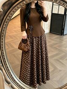 SHEIN LUNE Coffee Brown Polka Dot 2 In 1 Set Top (Waist-Cinching Blouse) With Simple Round Neck, Long Sleeves With Subtle Puff Shoulder Design, Softly Shaping Shoulder Line, Optimizing Shoulder-Neck Proportion, Clean And Slimming. Half-Length Skirt Part In Matching Dark Coffee Base + Beige Polka Dot Print, Classic Vintage Polka Dot Element Plus Size Two Pieces Set - Coffee Brown - View 1