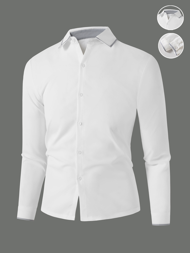 Teen Boys Casual College White Long Sleeve Shirt With Grey Contrast Collar And Cuffs, Suitable For School, Graduation Ceremony, Light Business, Outings, Back To School - White - View 4