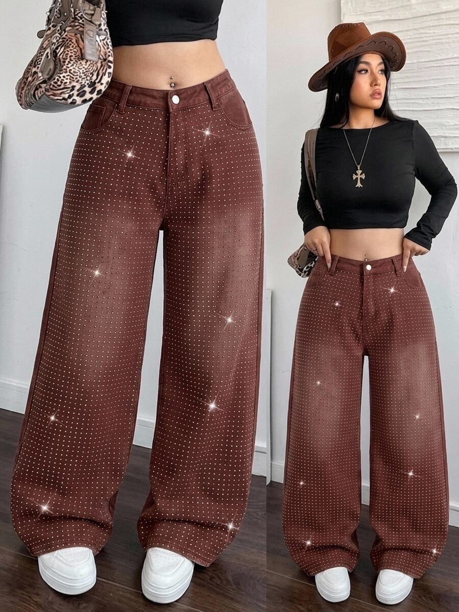 SHEIN ICON 大尺碼女款時尚西式休閒街頭風牛仔褲,鑲鑽鈕扣口袋設計,牛仔女郎風格,開學季亮面長褲服飾,棕色 - 巧克力棕 - 查看 1